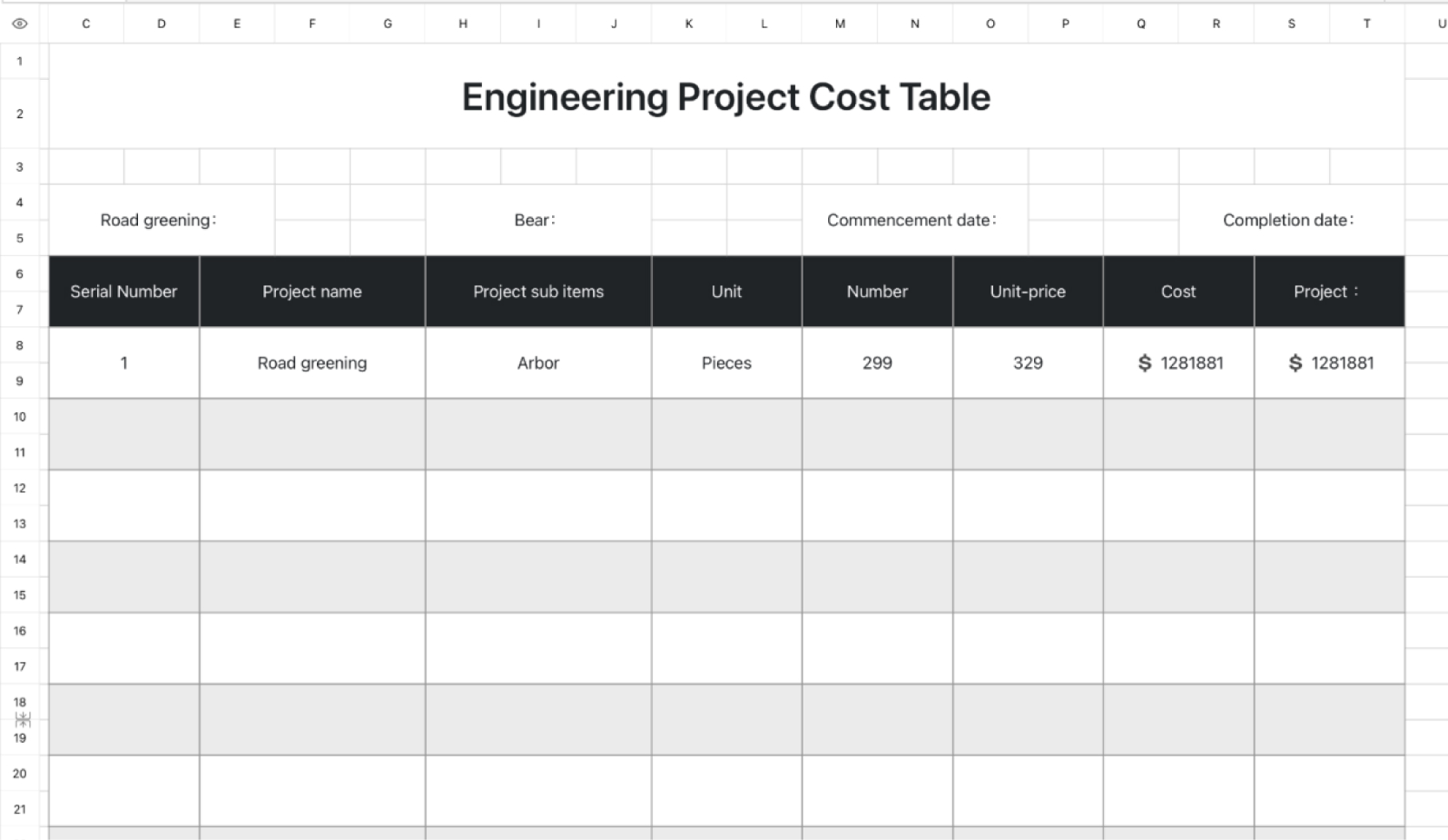 Engineering Project Cost Table